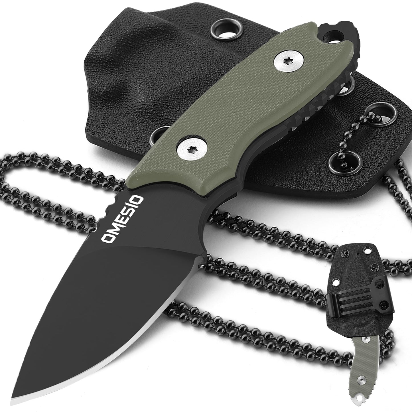 Omesio Neck Knife Neck Knife with Sheath and Necklace 5.43" Small Fixed Blad Knife Full Tang with Clip D2 Steel 2.17-Inch Blade G10 Handle for Outdoor Camping EDC(Black Blade + Green Handle)