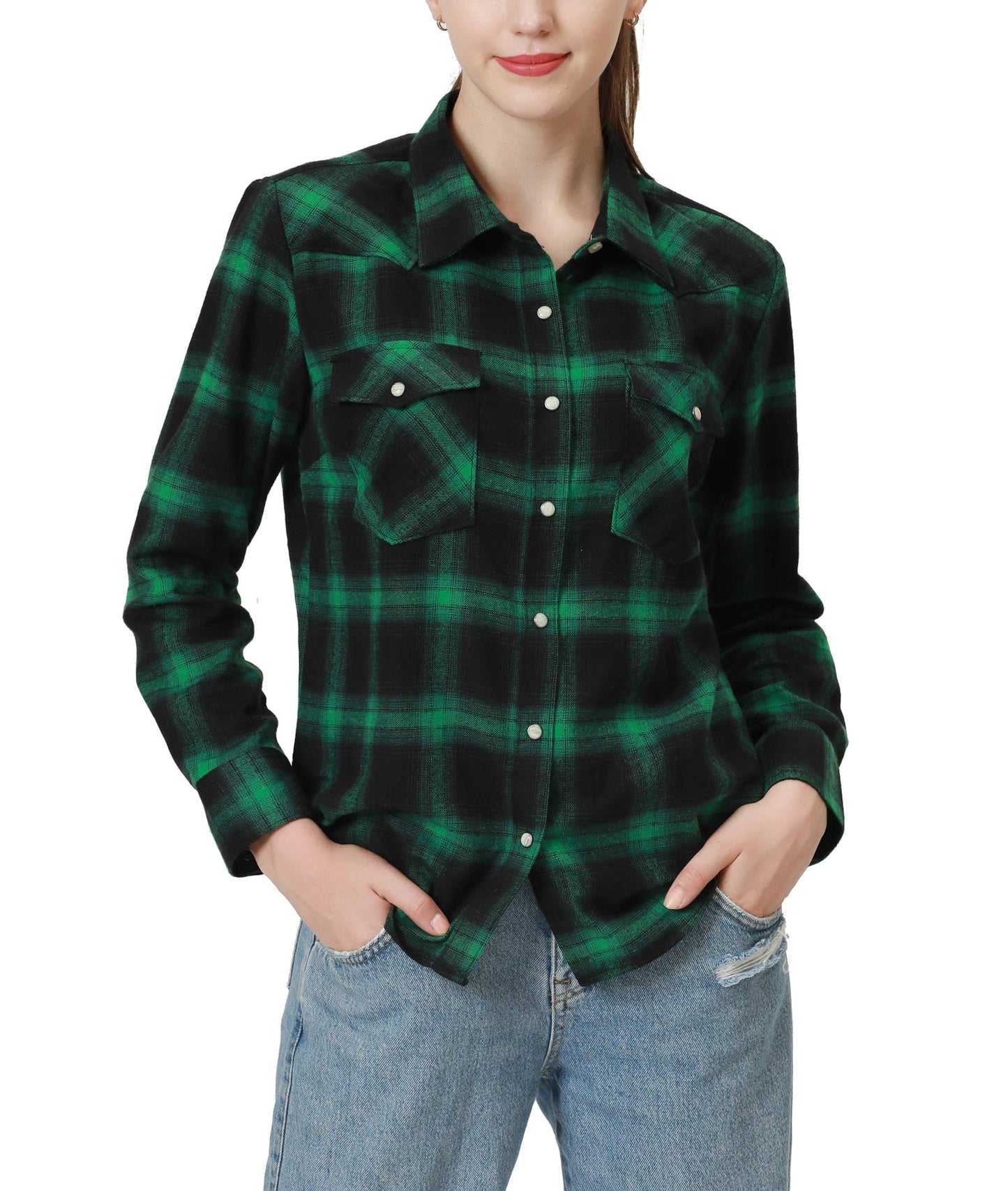 Snap Buttons Flannel Shirts for Women Long Sleeve Shirts for Women Plaid Women Shirts(Black Green WFL009AXX-Large)