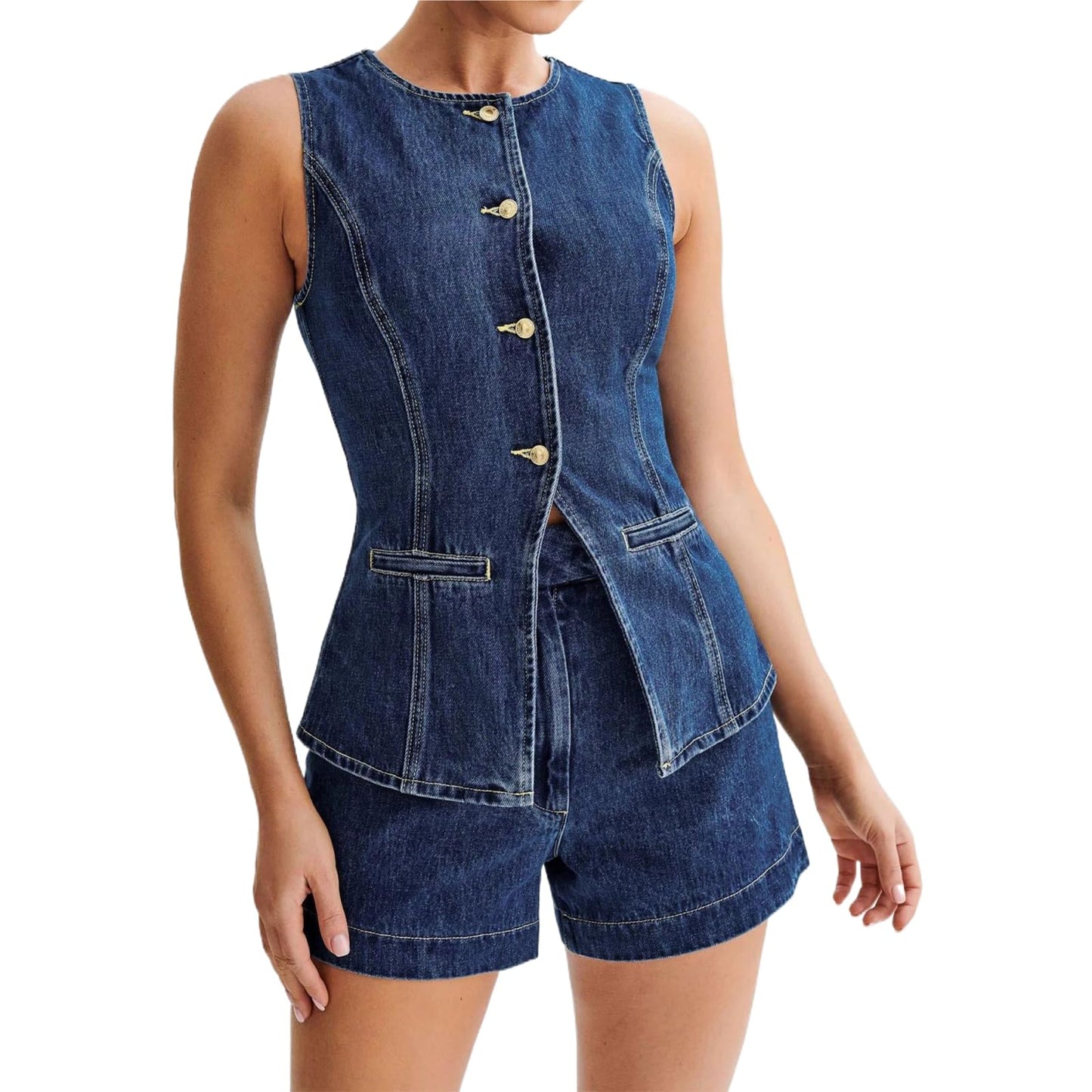 Bowanadacles Woman Summer Casual Long Jean Vest Tops Front Button Slit Slim Denim Waistcoat Crew Neck Sleeveless Packet Top (Blue S)