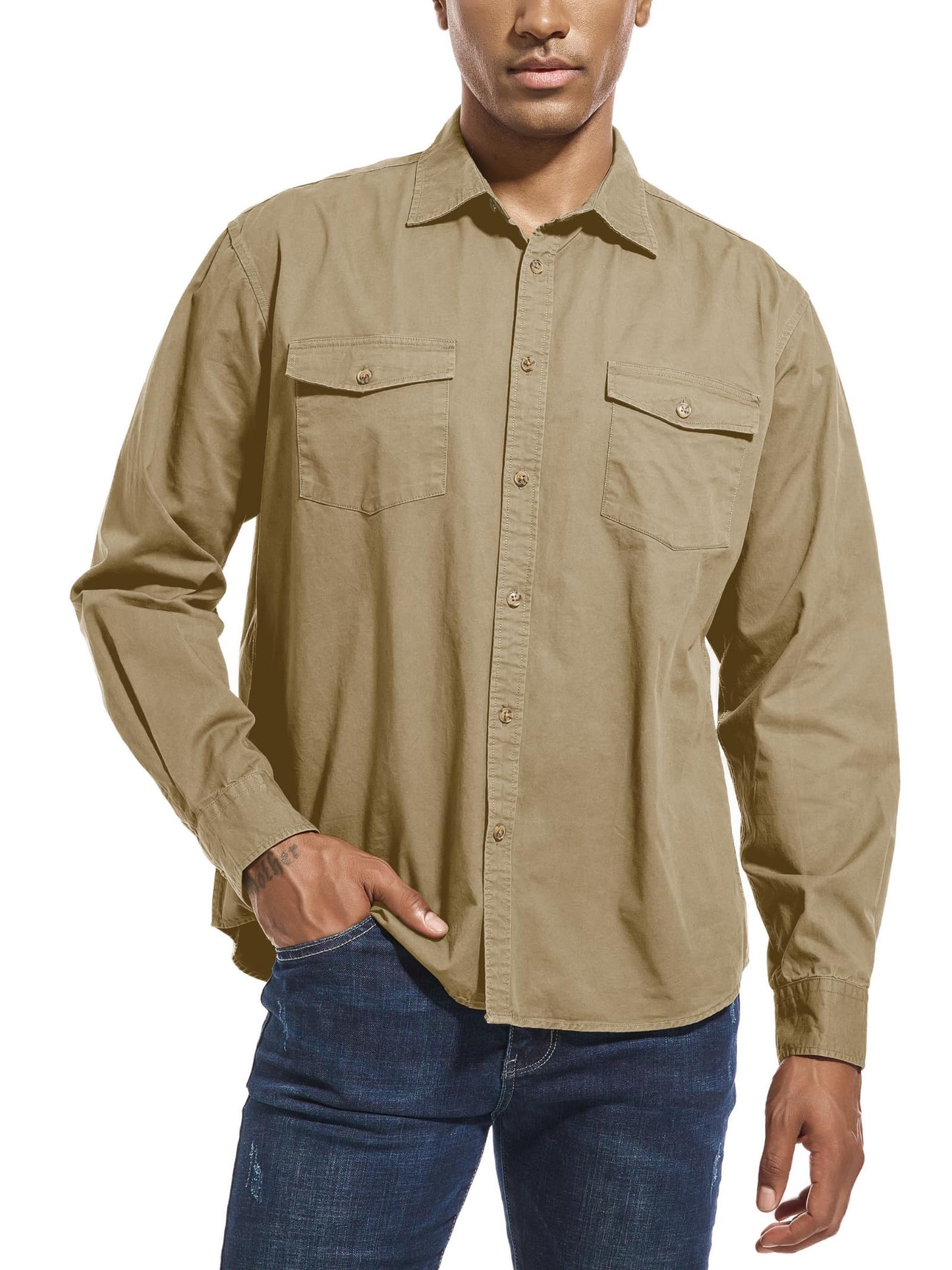 LUIGRAD Mens Button Up Shirts Long Sleeve Button Down Shirts with Two Pockets Work Shirts for Men (Beige2XL)
