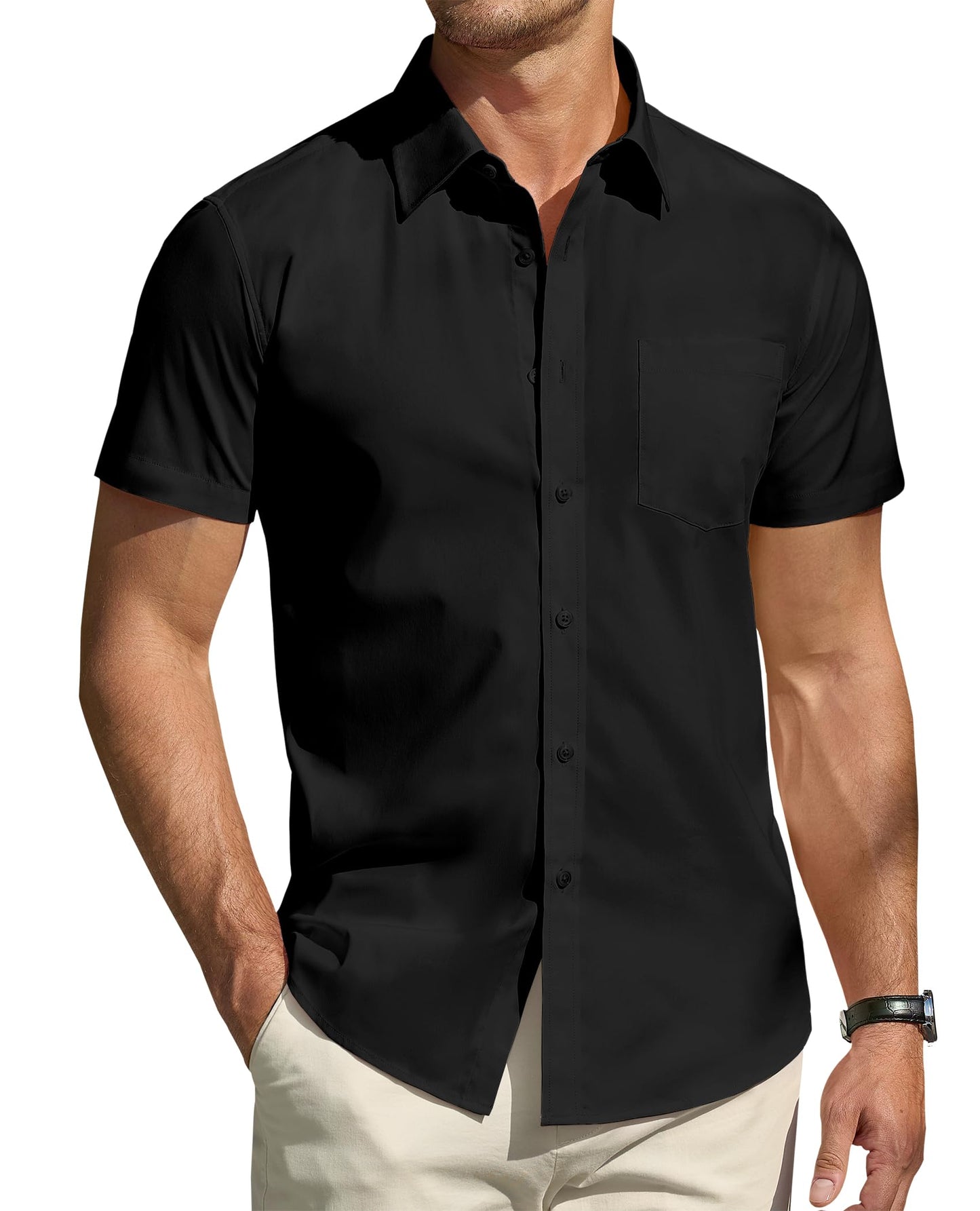DEMEANOR Cotton Mens Dress Shirts Short Sleeve Button Down Shirts Formal Summer Dress Shirt Casual Button Up Shirts Men Black