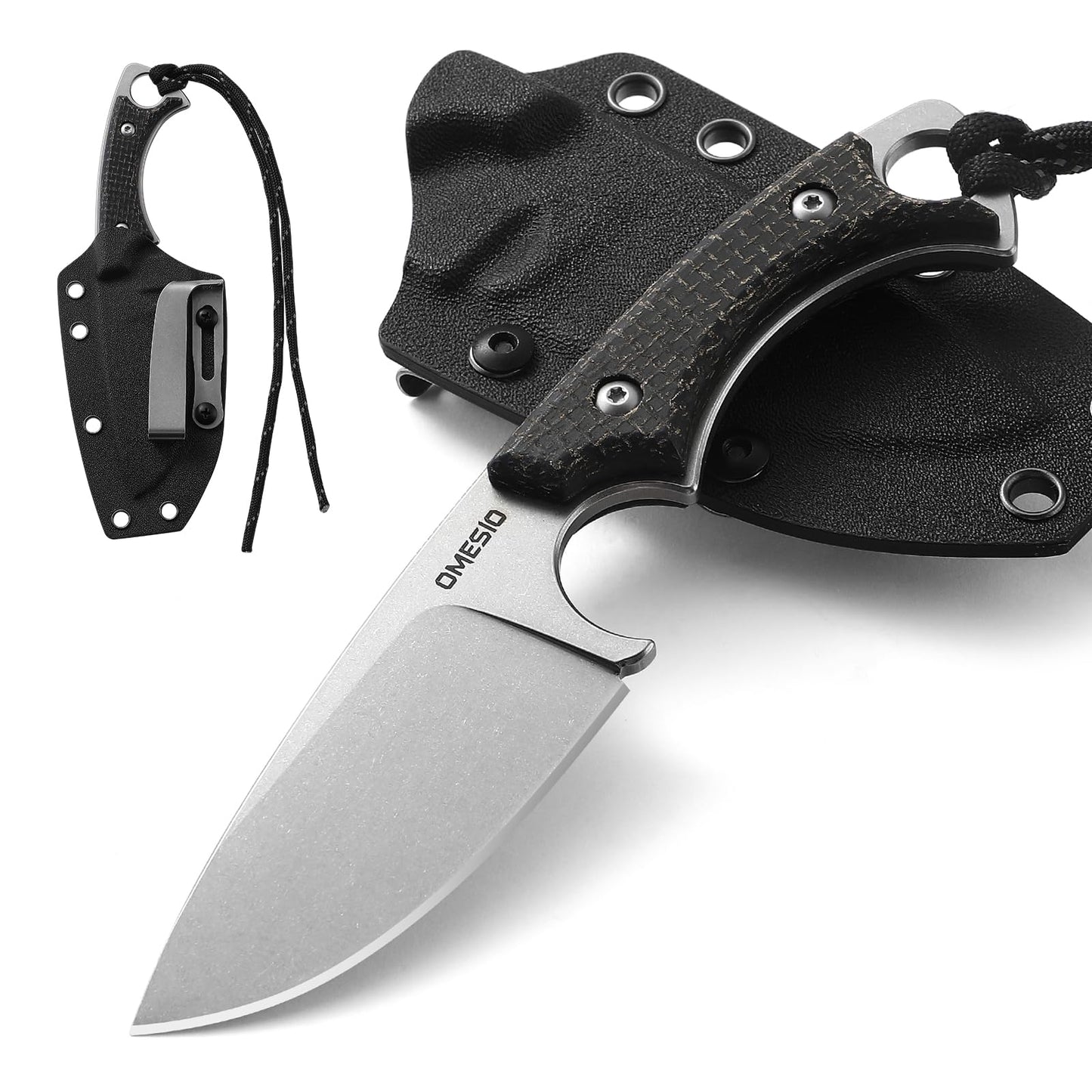 Omesio Fixed Blade Knife with Sheath 3.54" Blade D2 Steel Small Tactical Camping EDC Horizontal Carry Knife with Kydex Sheath Full Tang Micarta Handle Men Women Gifts for Birthday Christmas