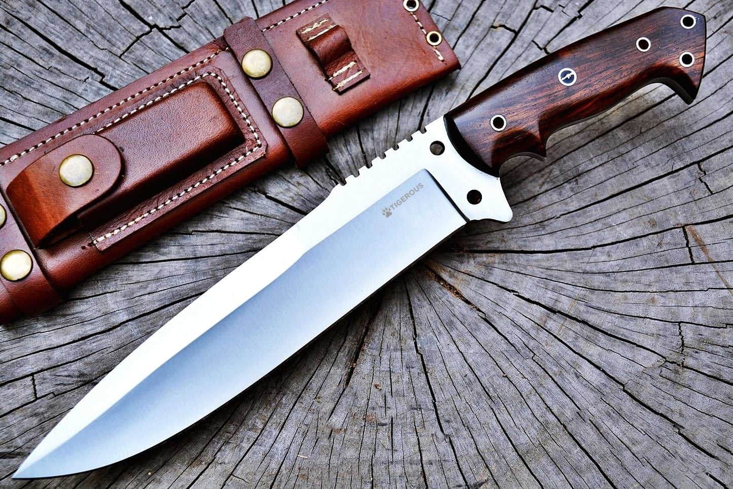 TIGEROUS 15-Inch Tactical Survival Bowie Knife with Sheath D2 Steel Full Tang Fixed Blade Knife Hunting Knife with Scout Horizontal Carry Leather Sheath for Camping Outdoor Hunting Bushcraft Knives for Men
