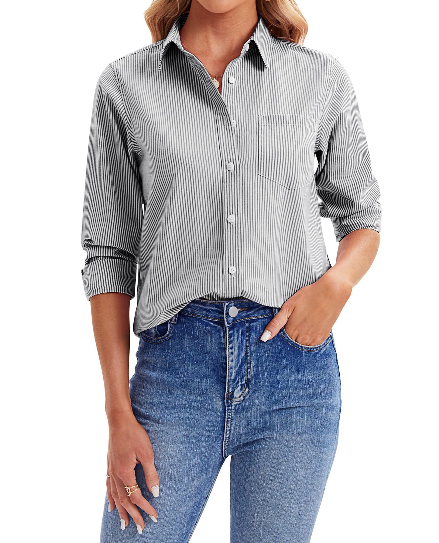 siliteelon Womens Button Down Shirts Oxford Shirts Long Sleeve Shirts Collared Office Work Blouses Tops with Pocket