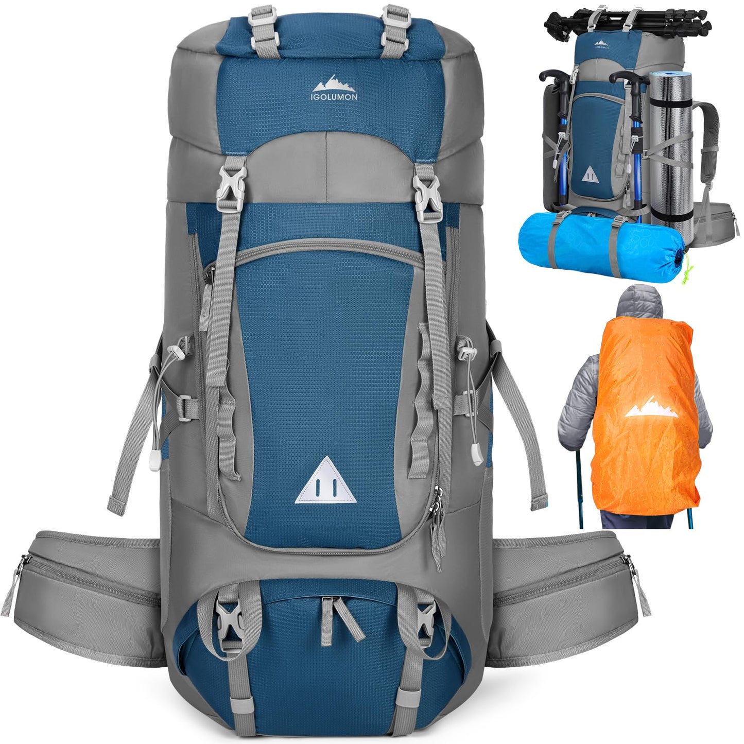 IGOLUMON 60L Hiking Backpack Large Camping Backpack with Rain Cover Waterproof Travel Hiking Backpack Lightweight Backpacking Pack for Men Women Blue