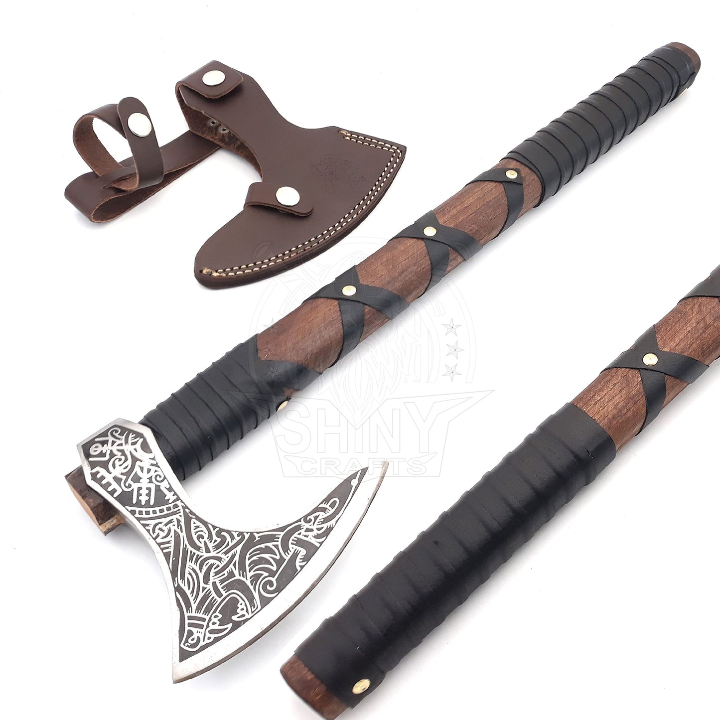 SHINY CRAFTS-Axes Viking Axe Hatchet-Norse Axe- Best Handmade Tomahawk Viking Bearded Axe Beautiful Camping Axe Best Gift for Him with Leather Sheath (SCA-015A)