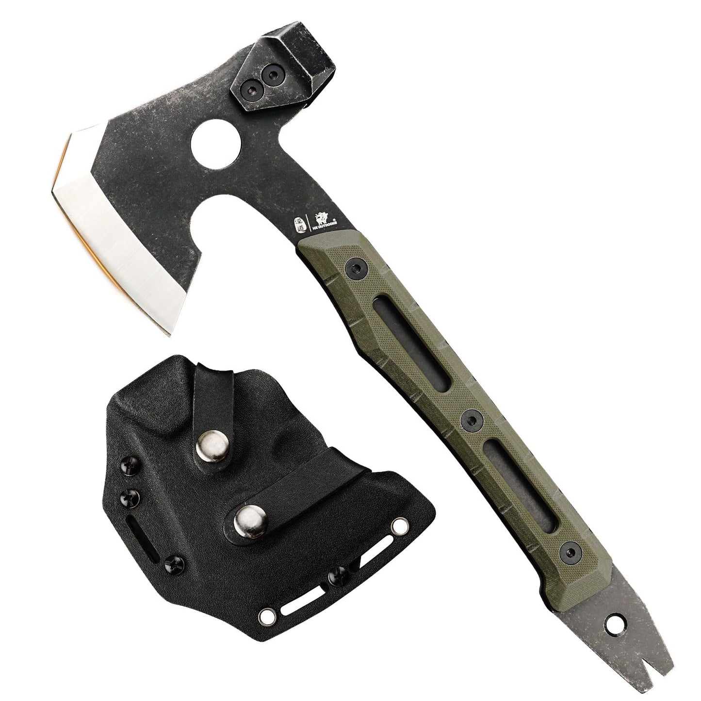 HX Outdoors Multifunctional Splitting Axe Full Tang Survival Camping Tactical Wood Hatchet，Camp Bushcraft Hand Axes with Hammer and Nail Puller (Army Green)