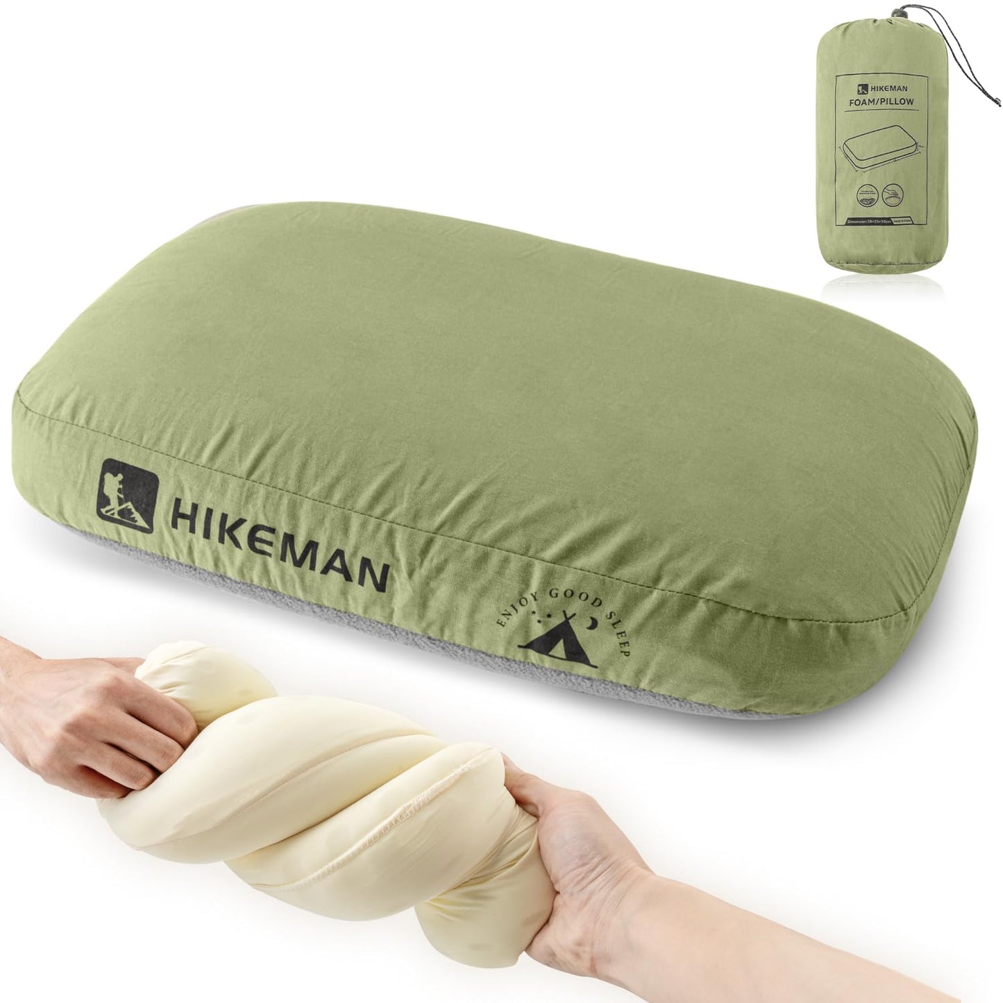 HIKEMAN Camping Memory Foam Pillow - Ultralight Travel PillowBackpacking Pillow with Removable CoverErgonomic PillowsNeck Lumbar Support for Outdoor CampSportHikingBackpacking Sleep (Army Green)