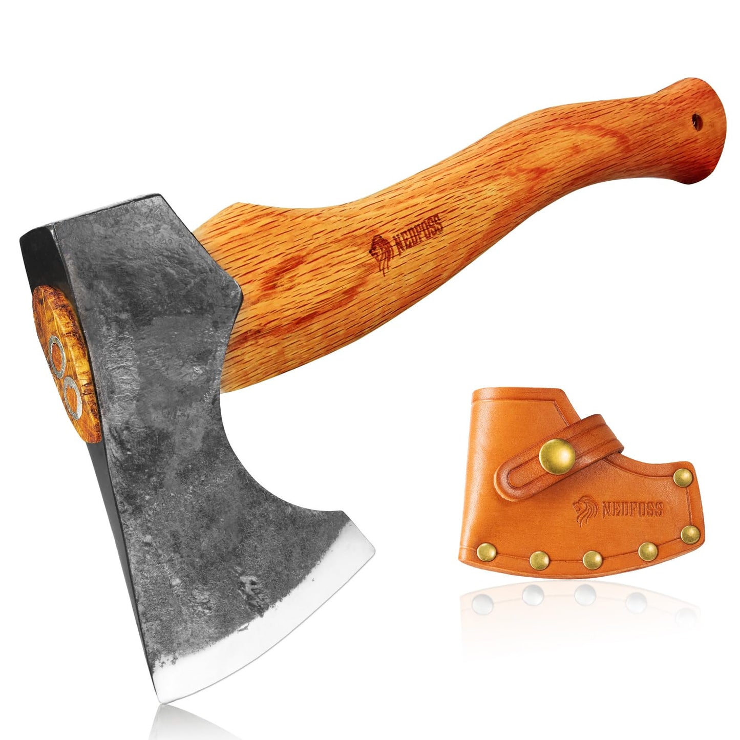 NedFoss 13" Hatchet with Leather Sheath Forged Carbon Steel Axe Hatchets for Camping and Survival Bearded Axe with Beech Handle Bushcraft Axe Carving Axe Chopping Cutting Splitting Camping Axe