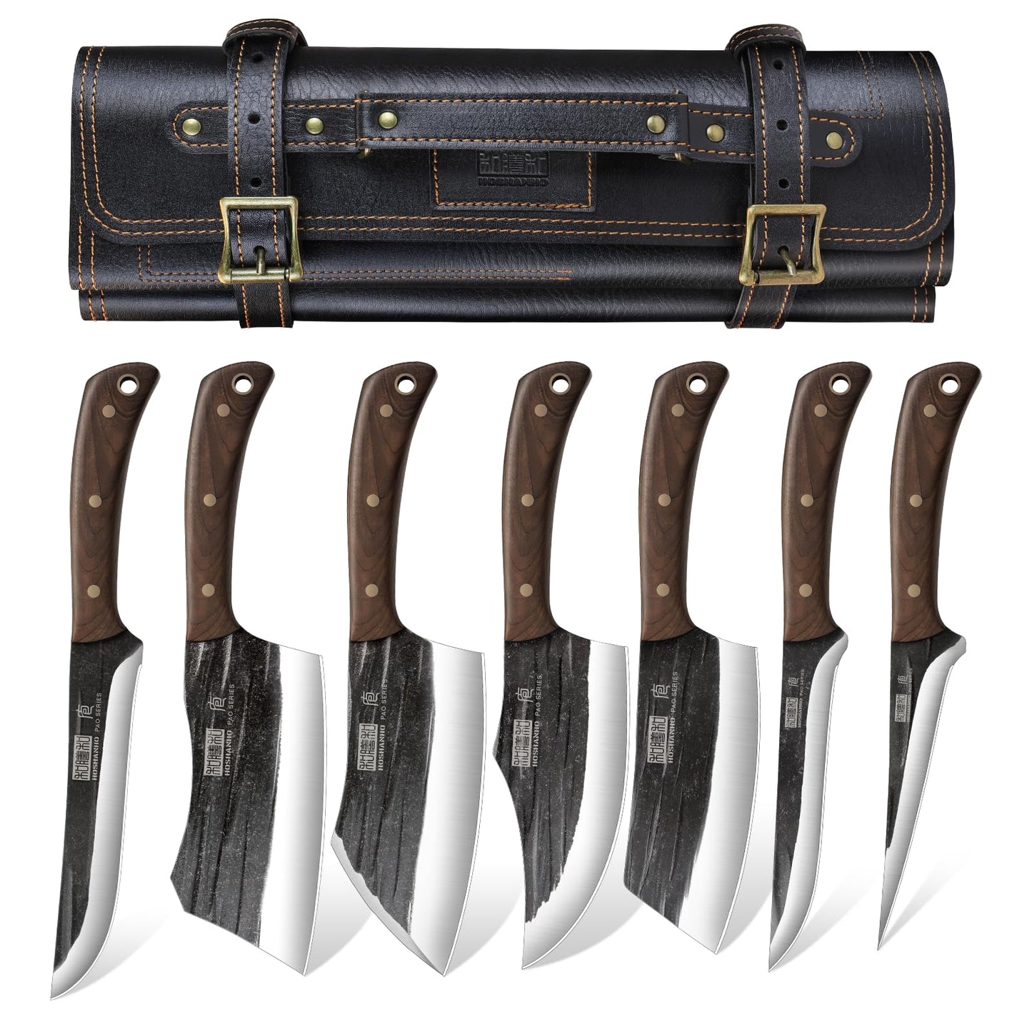 HOSHANHO Butcher Knife Set Hand Forged Butcher Chef Knife Set with Roll Bag Sharp Kitchen Knife Set of Meat Cleaver Knife Bone Chopper Knife Fillet Knife Set for Home & Camping & BBQ Gift for Men
