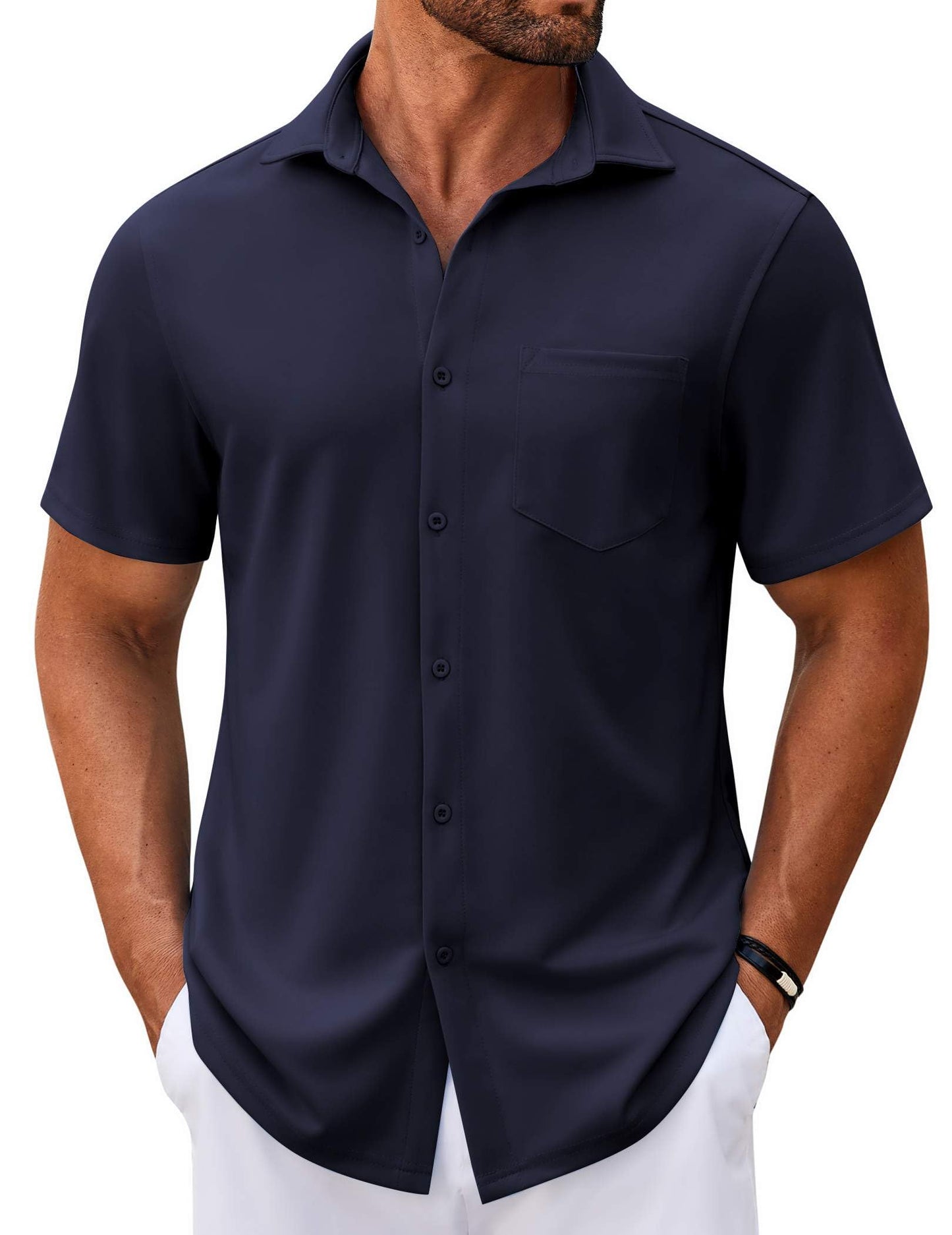 COOFANDY Shirts for Men Button Down Short Sleeve Casual Button Down Shirts Navy Blue