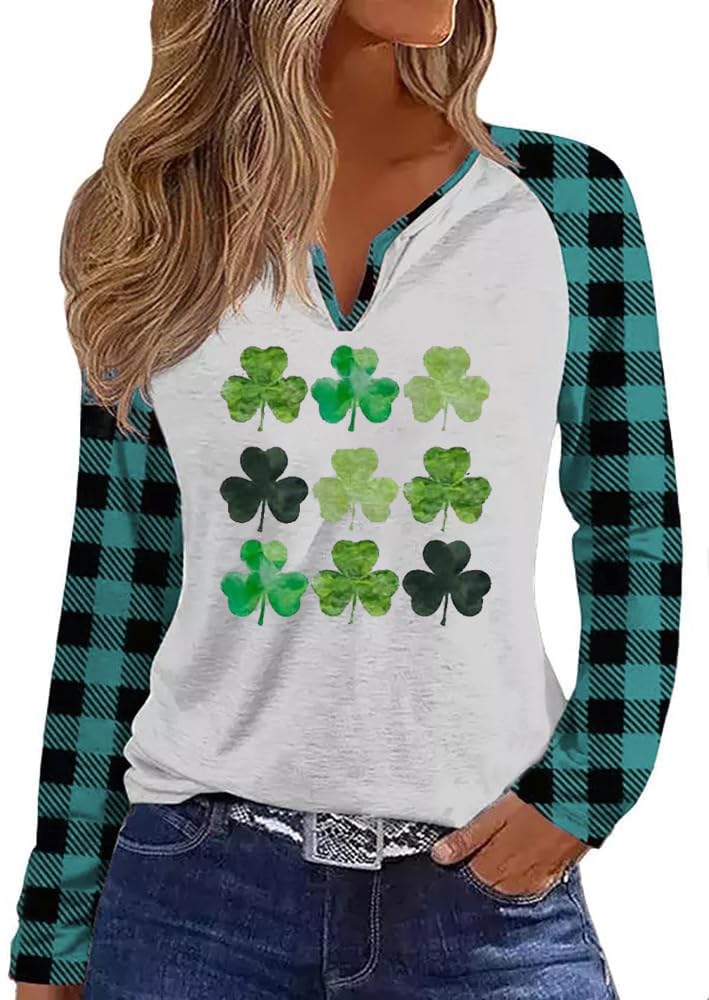 Vircreate Womens Long Plaid Sleeve Shirts V Neck Love Heart Shirts Shamrock Printed Spring Tunic Tops (XXL5 Green)