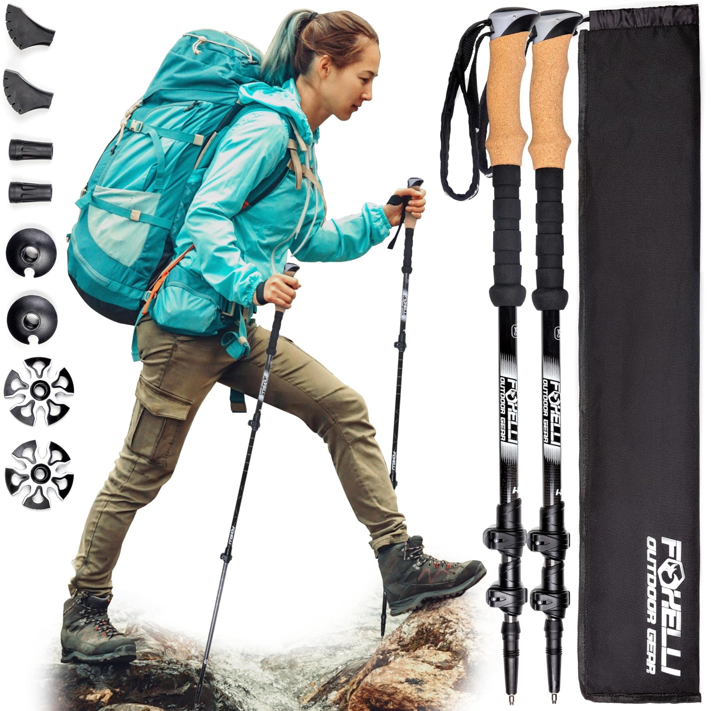Foxelli Carbon Fiber Trekking Poles – Lightweight Collapsible & Shock-Absorbent Hiking Poles w/Cork Grips Lever Locks & All Terrain Accessories