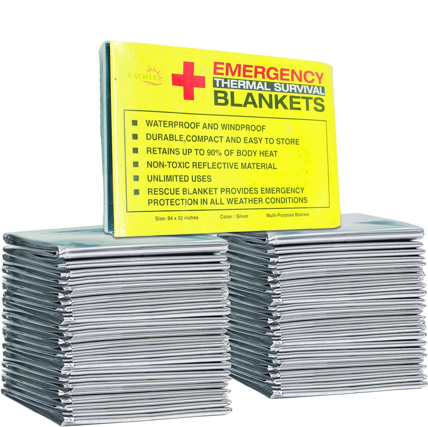 Rawyer (10 Pack) Emergency Thermal Survival Blankets Mylar Blankets for Outdoor Camping Hiking Survival in Harsh Weather Large Silver Thermal Sheets Heavy Duty Survival Gear (10 84x52)